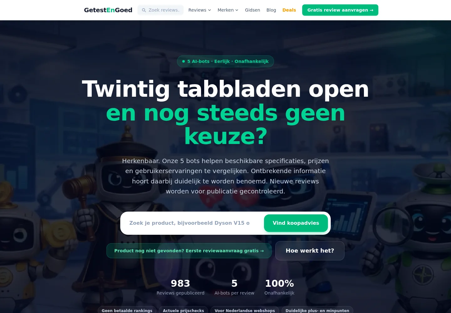 De website van Getest & Goed met productinformatie en vergelijkingen