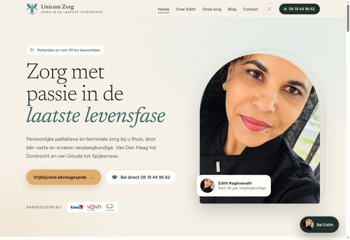 De website van Unicum Zorg met het portret van Edith en de tekst Zorg met passie in de laatste levensfase